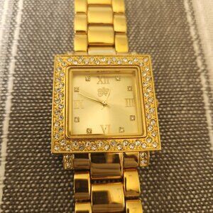 Curations CUR104 Crystal Accent Gold Square Women's Quartz Watch New Battery